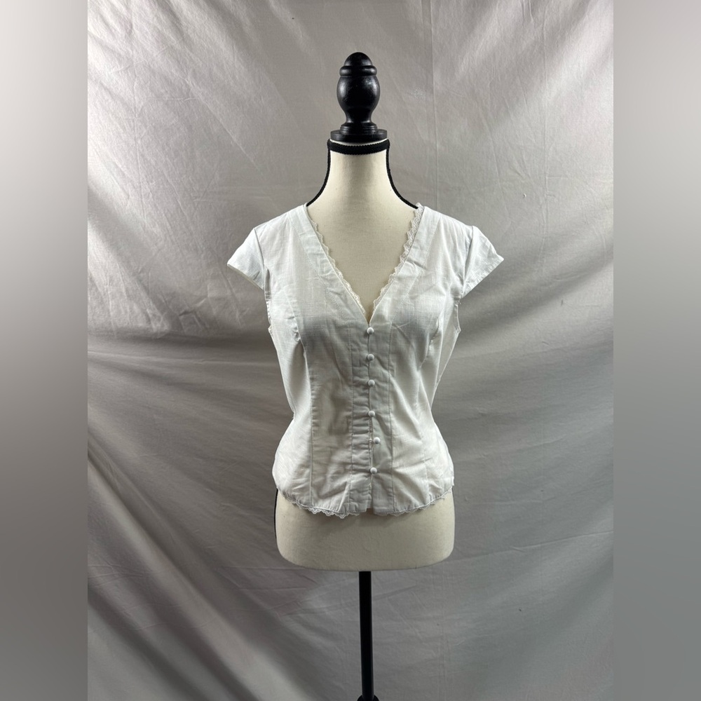 Boho Lace Cap Sleeve Single Button Blouse White - Picture 7 of 9